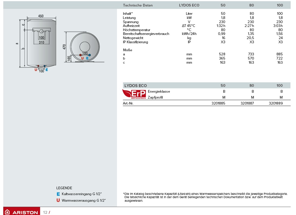 Heißwasserspeicher 50l ARISTON LYDOS ECO 50V 1,8 PL EU 1800W druckfest, rund