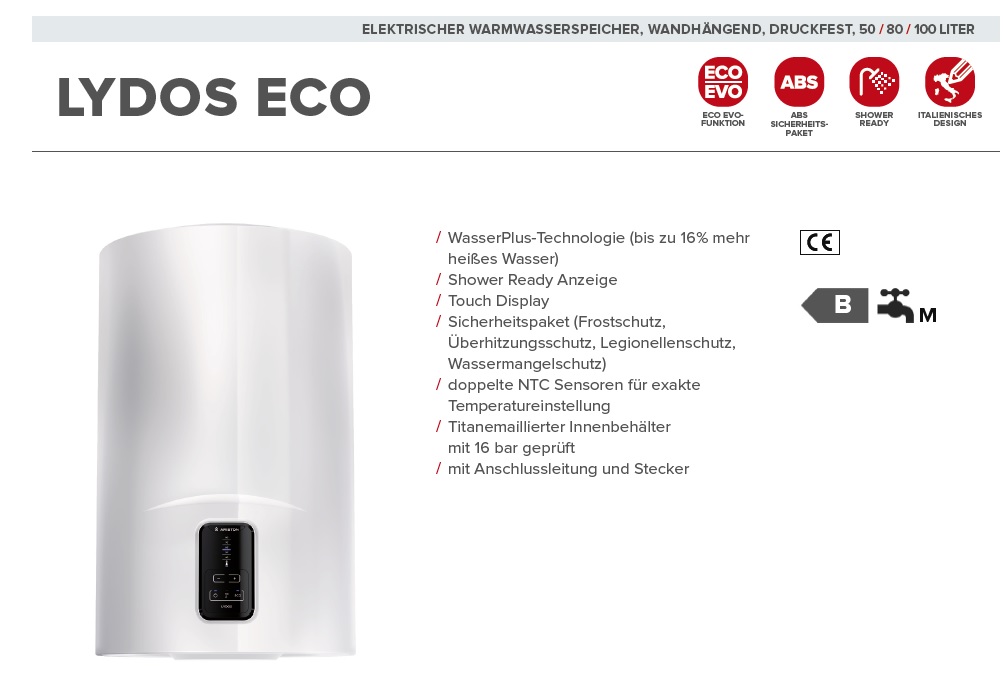 Heißwasserspeicher 50l ARISTON LYDOS ECO 50V 1,8 PL EU 1800W druckfest, rund